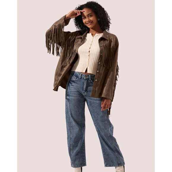 Women's Faux Suede Fringe Jacket Vintage Western Cowgirl Tassel Jackets Coffee - Picture 4 of 7